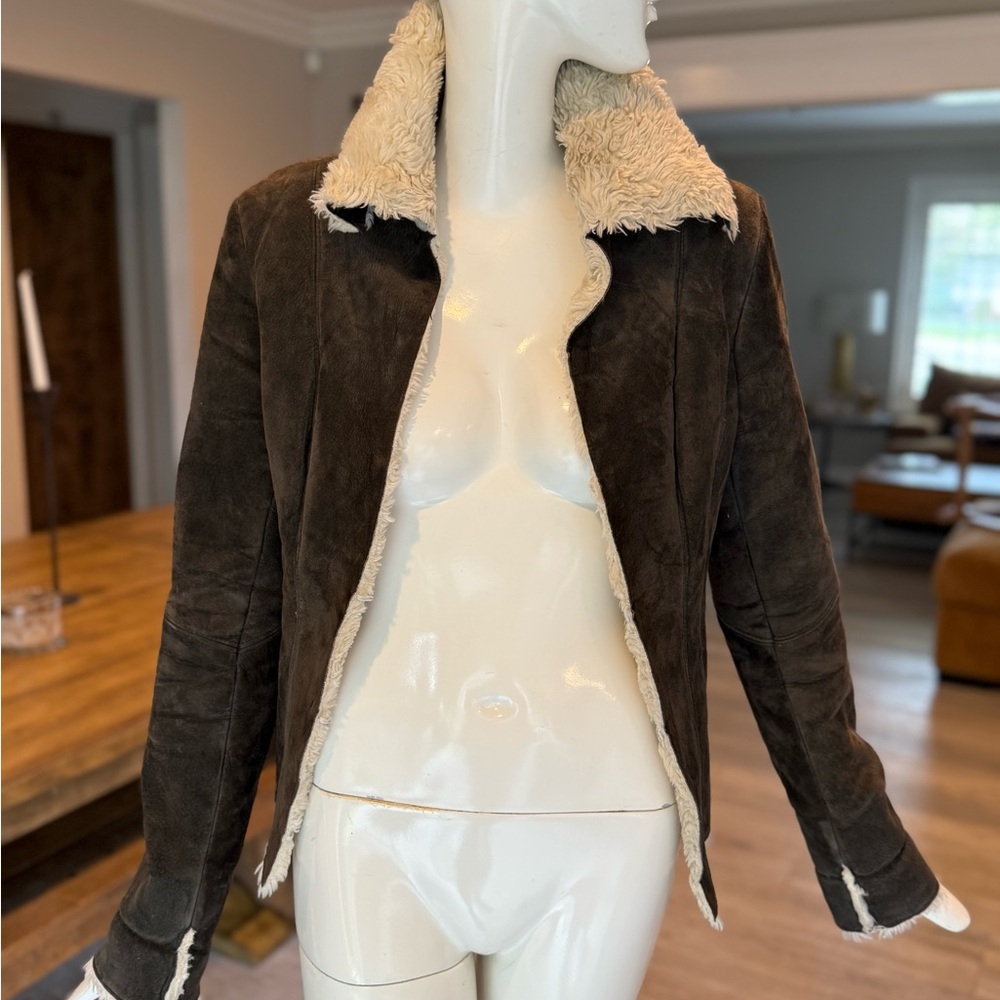 Express Brown and Cream Teddy Suede Leather Jacket with Cozy Sherpa Collar